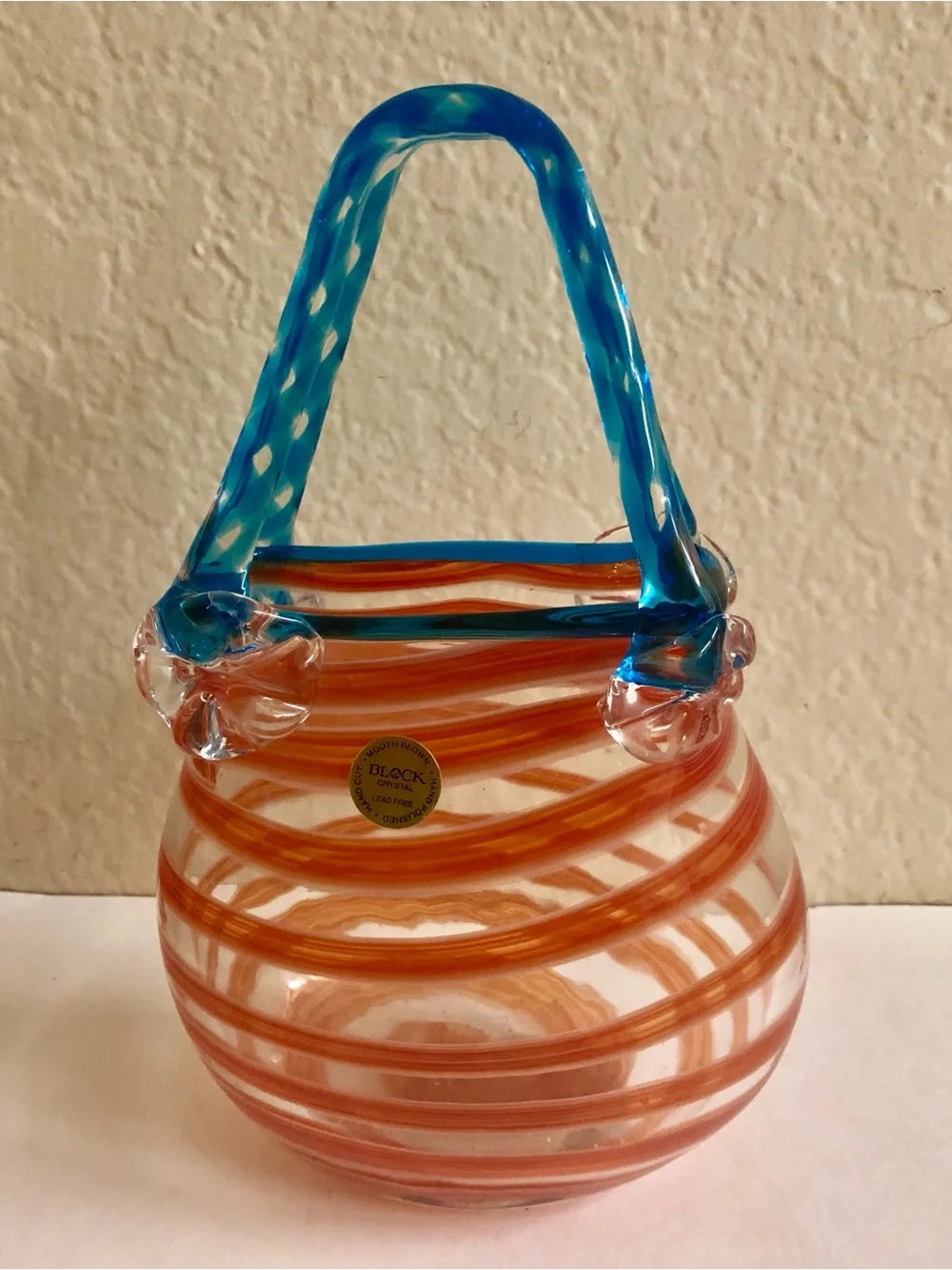 Handblown Glass Purse Vase with Orange Swirl and Blue Handle